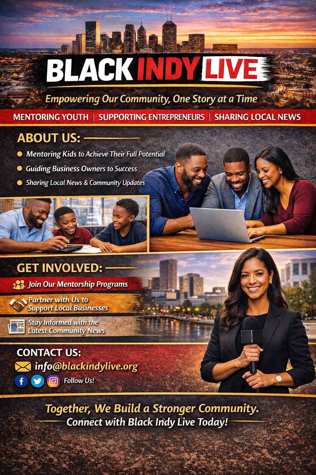 Black Indy Live community flyer — mentoring youth, supporting entrepreneurs, sharing local news