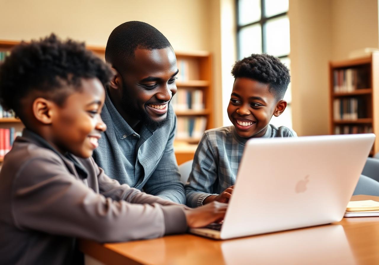 Mentor guiding two young students