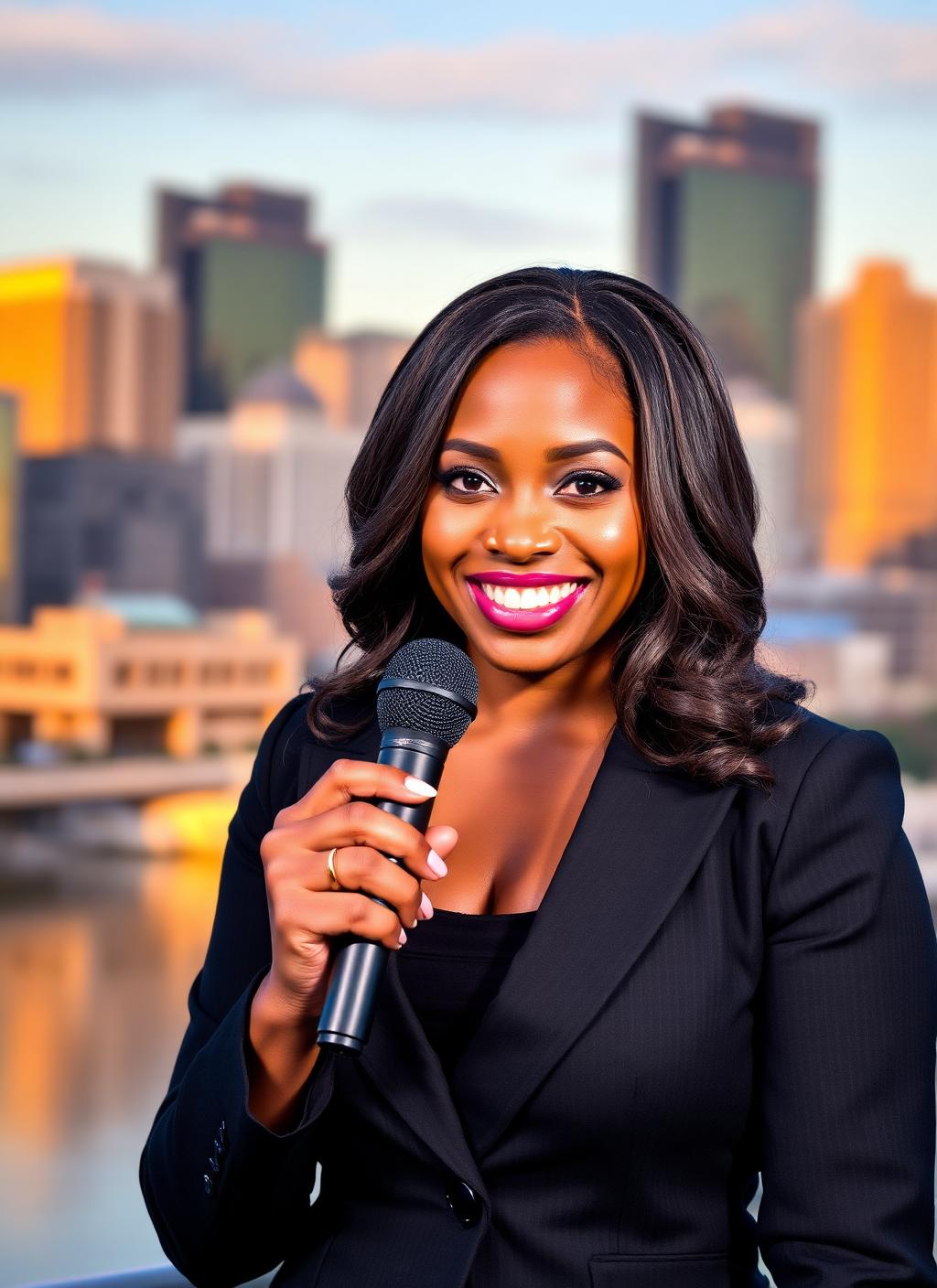 Black female reporter holding a microphone